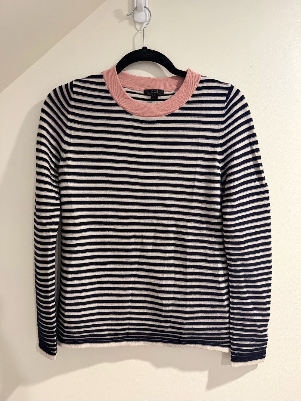 COS 100% wool Navy and White Striped Crewneck with Pink Collar